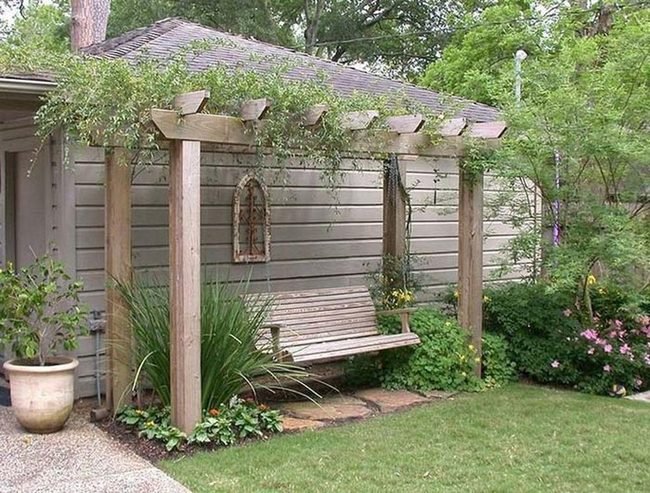 Wooden Swing Beneath Living Vines