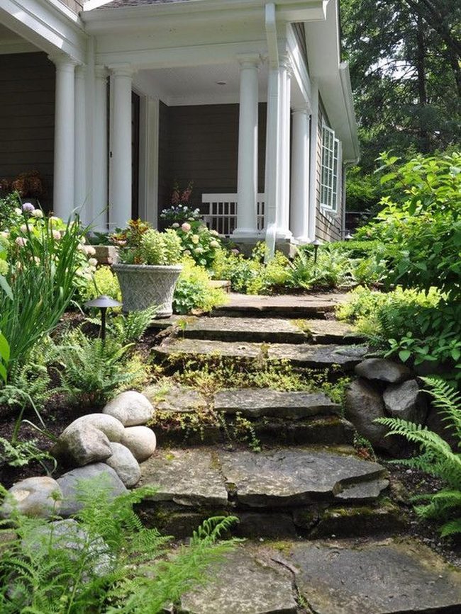 Stone Pathways Through Flowering Garden