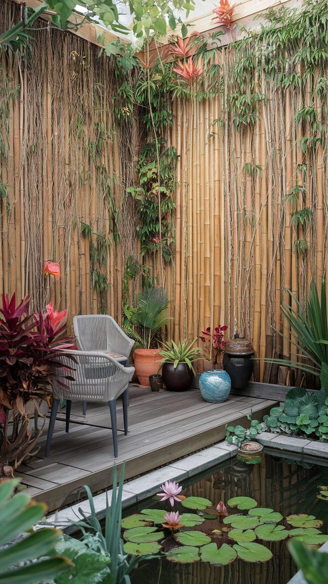 Bamboo Fence with Blooming Vines