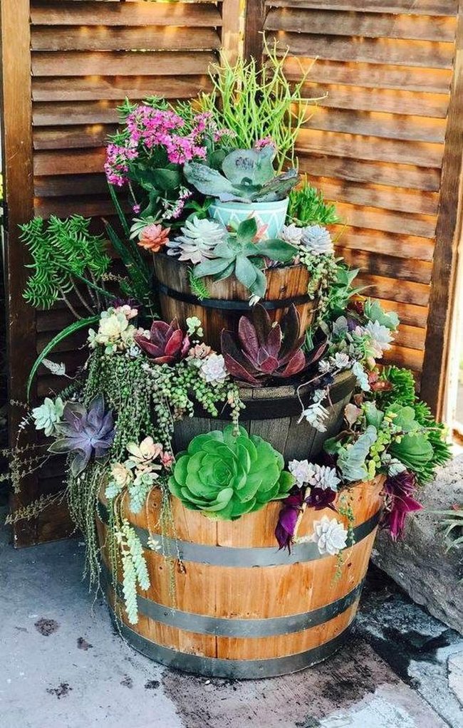 Stacked Wood Barrels Succulent Garden