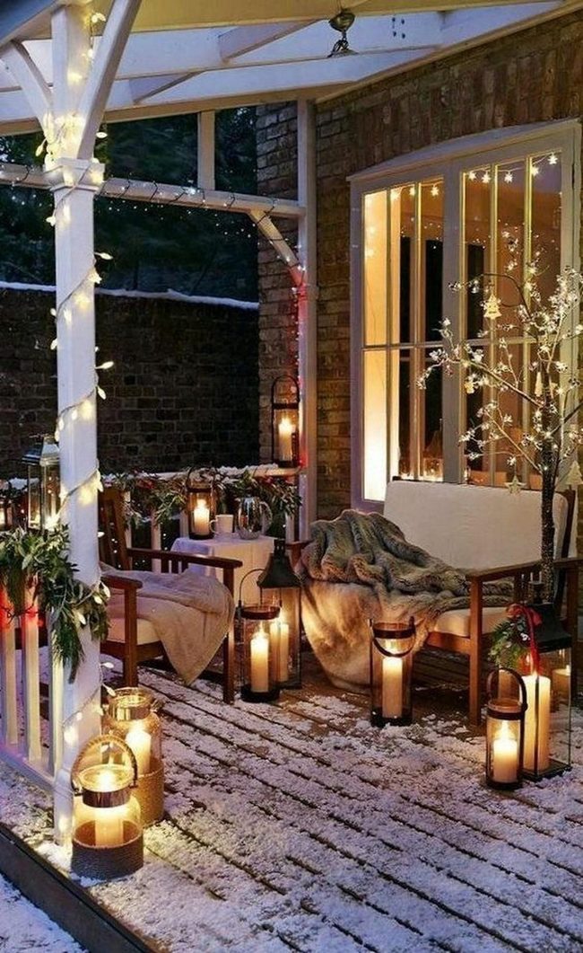 Candlelit Porch With Snowy Wooden Beams