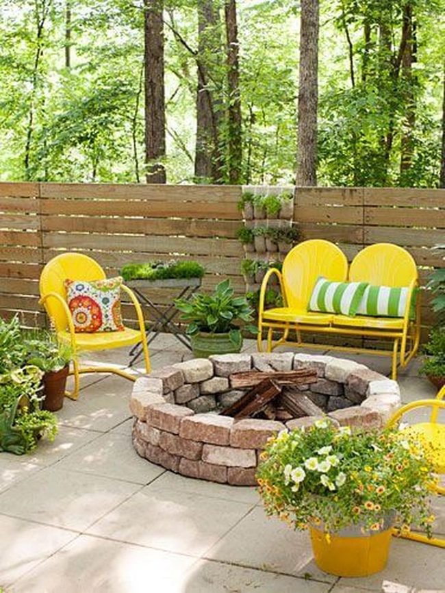 Yellow Chairs By Stone Firepits