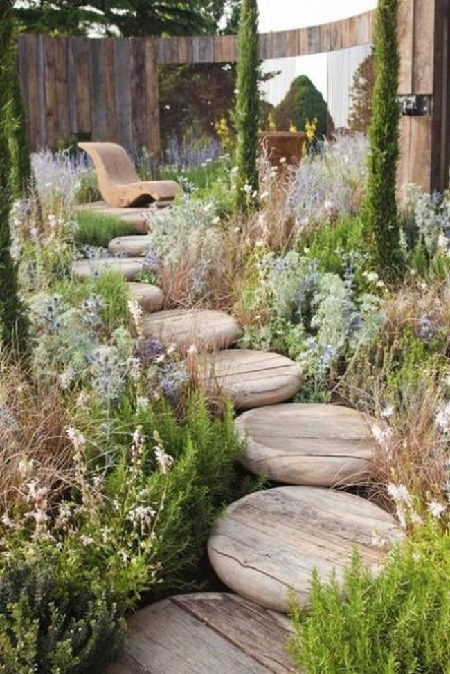 Wooden Path Through Wildflower Garden