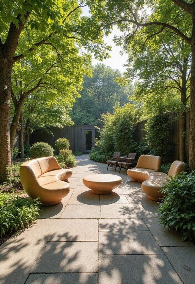 Curved Wood Seating Among Plants
