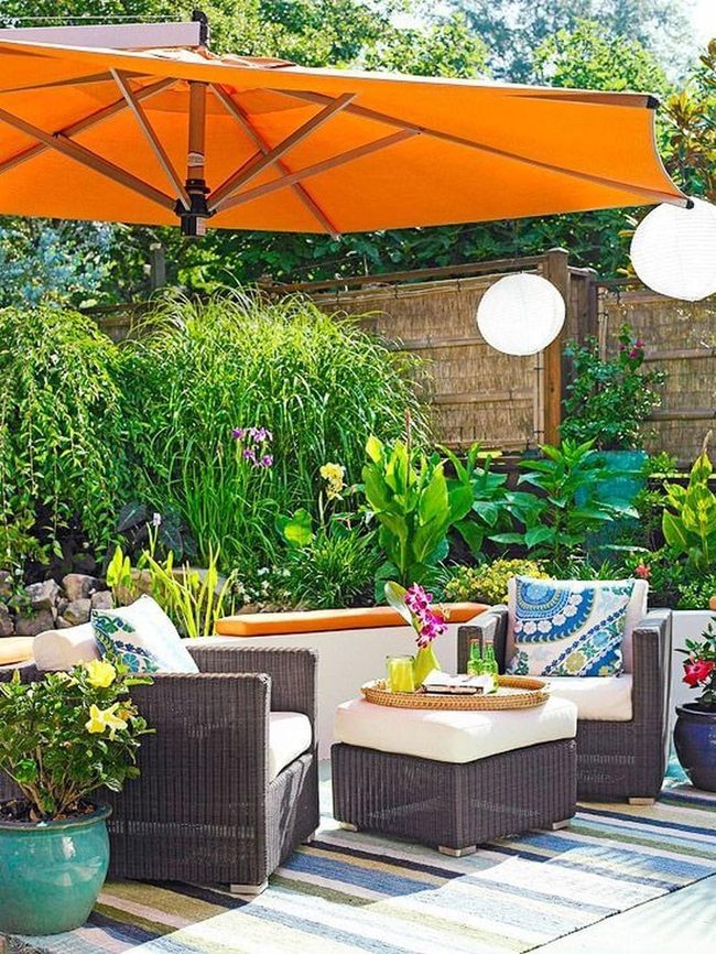 Leafy Patio With Colorful Umbrella
