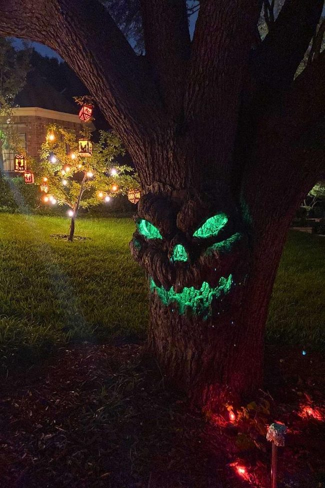 Foam-Wrapped Tree With Glowing Eyes