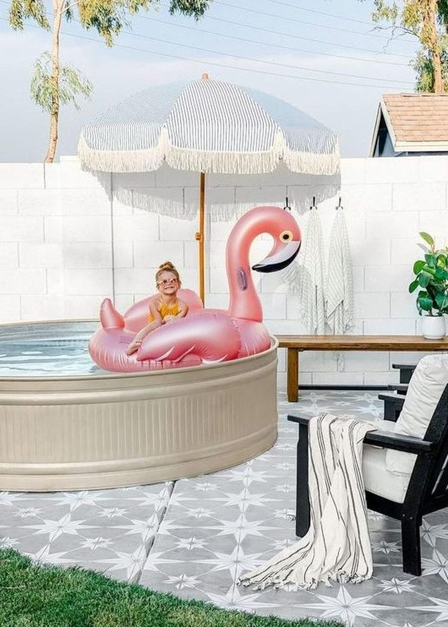 Bright Yellow Swimsuit Pink Flamingo Pool