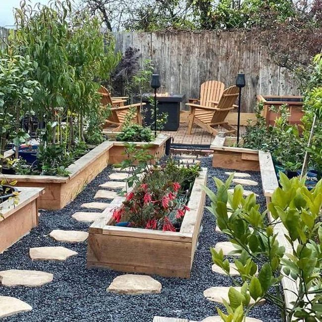 Wooden Planters Garden With Stepping Stones