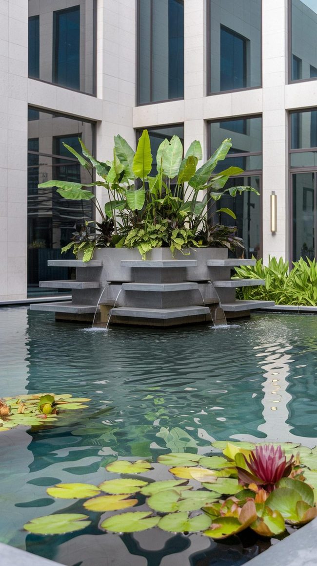 Minimalist Water Patio with Sculptural Fountains