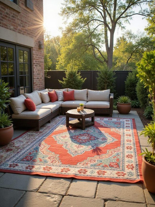Patterned Dhurrie Anchors Terrace Spaces