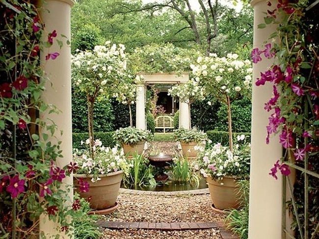 Columns, Purple Flowers, Serene Pond