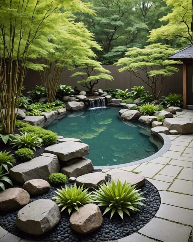 Asymmetrical Stones Water Bamboo Garden