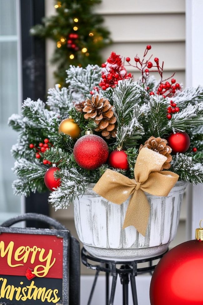 Red Iron Bucket Christmas Porch