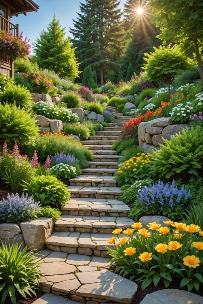 Green Hillside Stairs with Plants