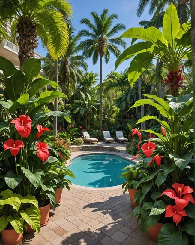 Fiery Anthuriums by the Pool