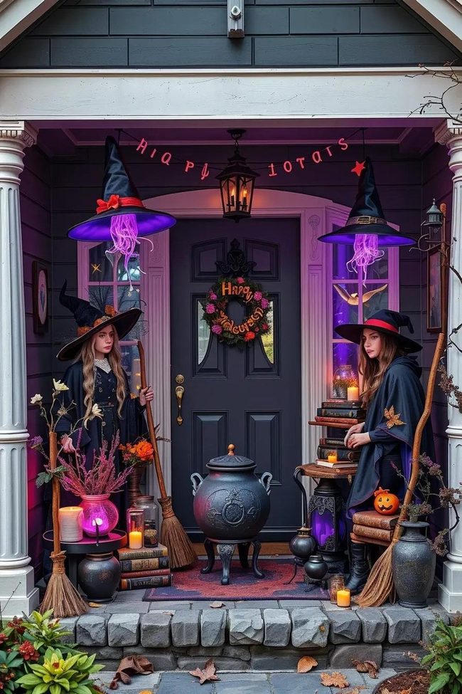 Floating Witch Hats Halloween Porch