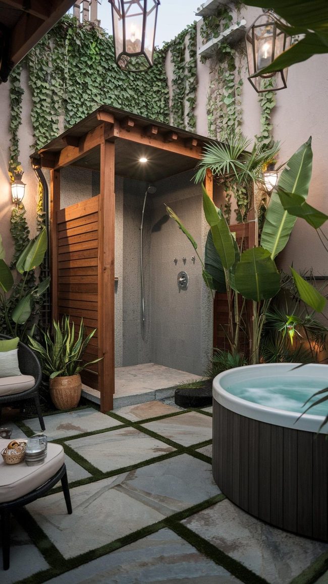 Stone and Rustic Timber Backyard Spa