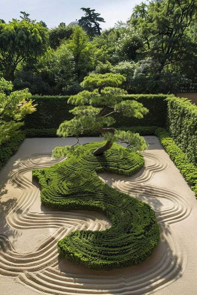 Raked Sand with Trimmed Shrubs