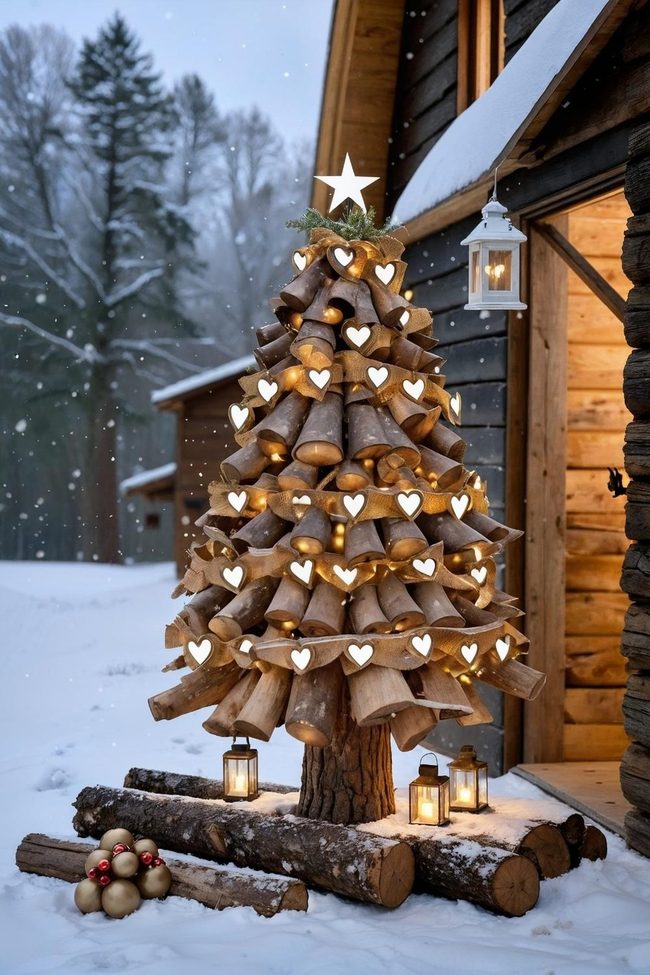 Stacked Log Christmas Tree Outdoors