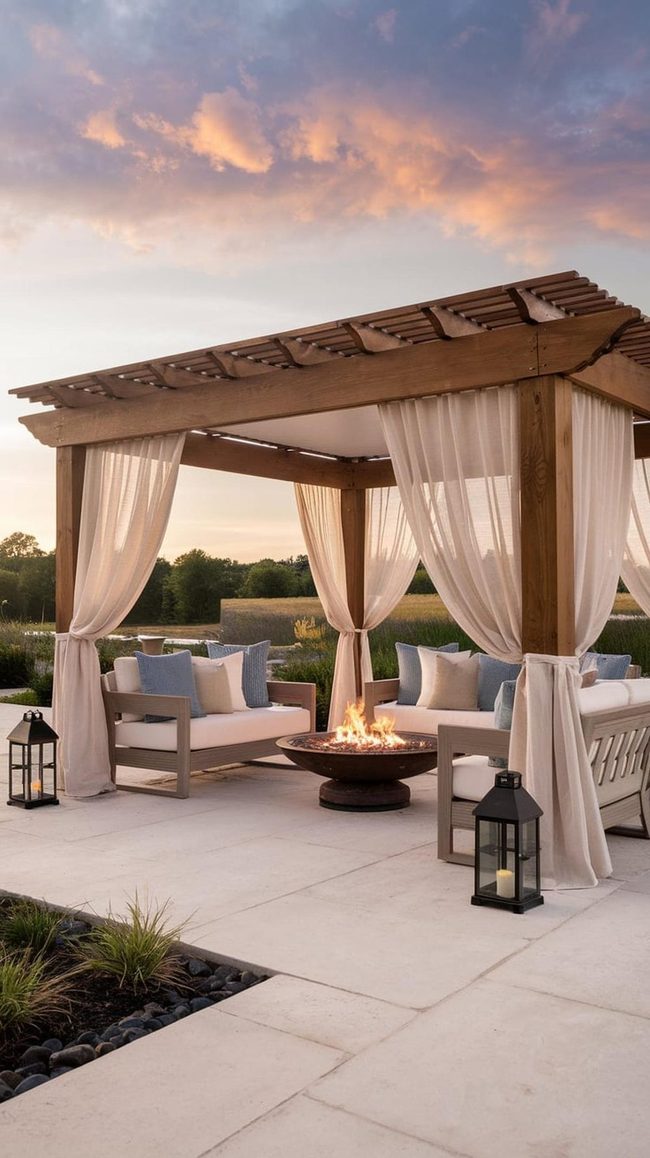 Cream Fabric Draped Maple Pergola