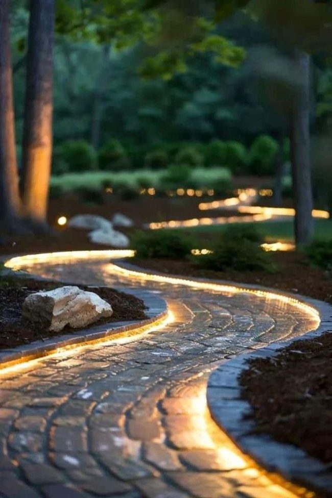 Curved Stone Path Through Evergreen Garden