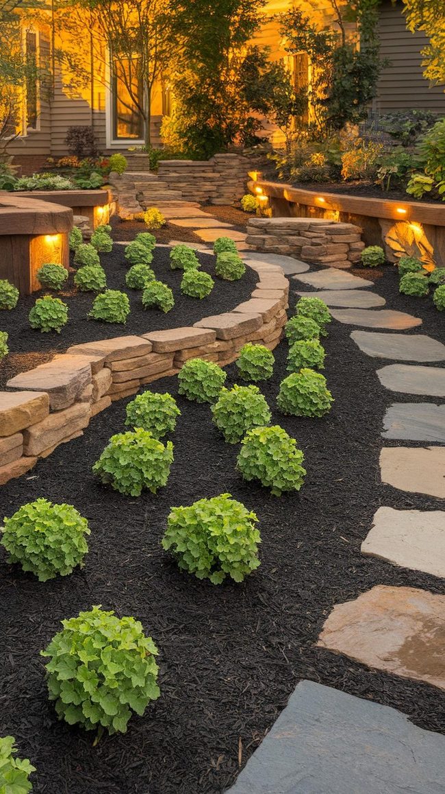 Dark Mulch Contrasts Light Stone Pathways