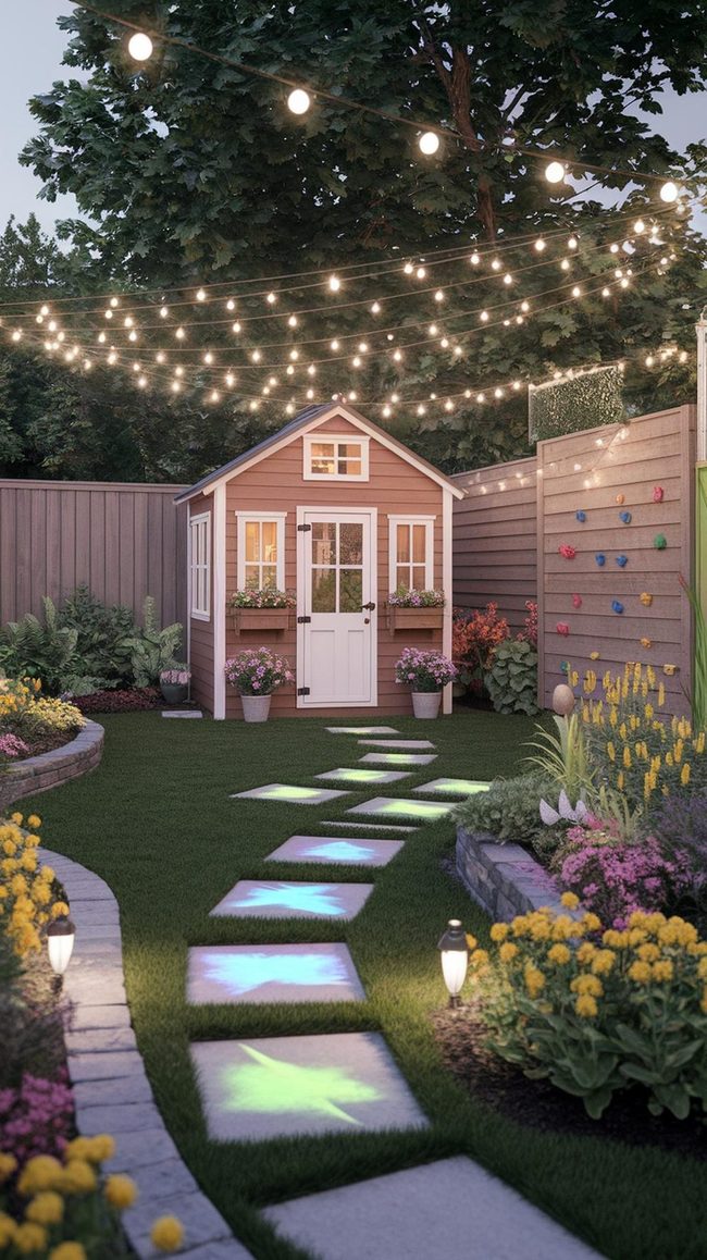 Children'S Backyard With Glowing Evening Lights