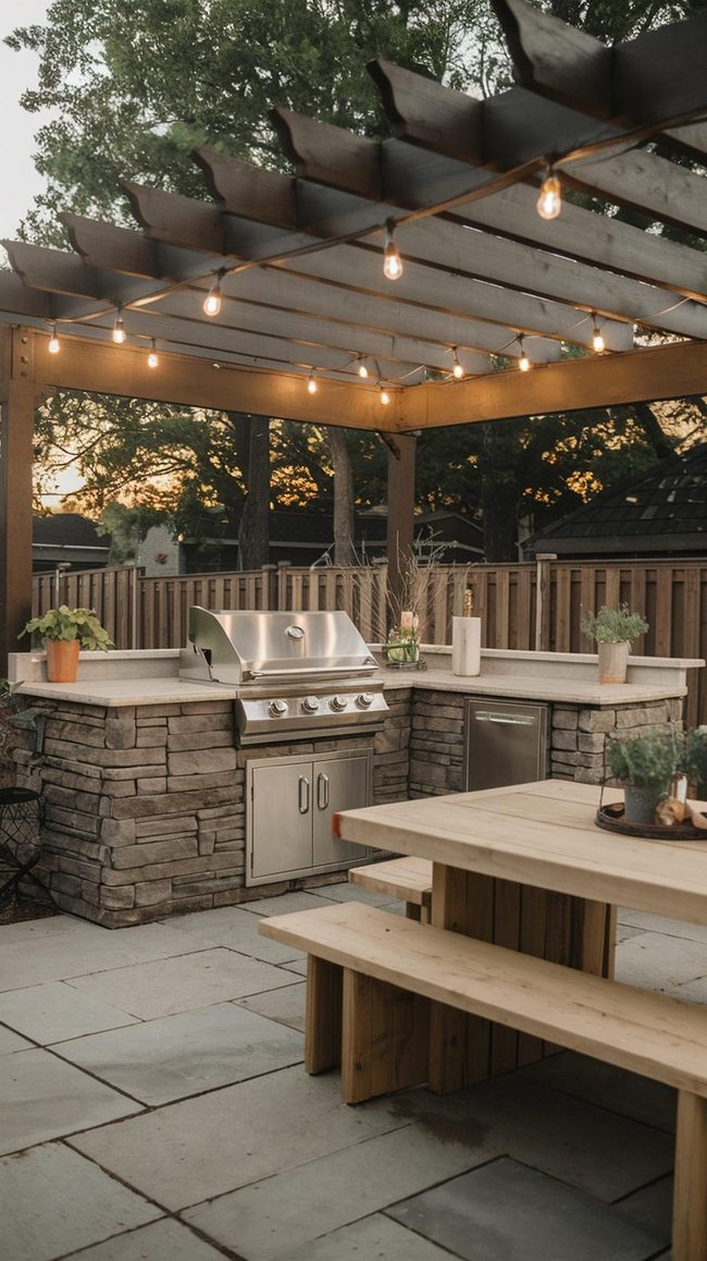Stone Counters, Pergola Lights, Patio Pantry