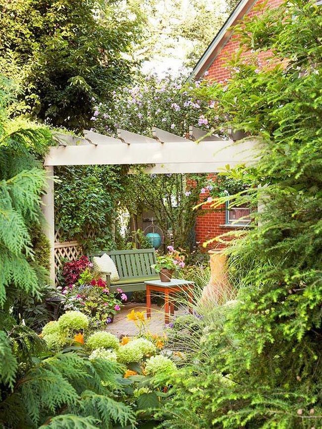 Vine-Covered Bench Pink Flower Garden