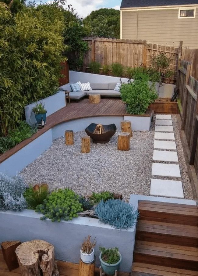 Curved Wood Deck With Fire Pit