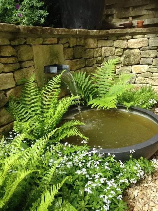 Stone Basin Water Feature With Cascading Ferns