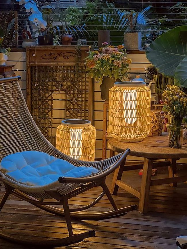 Blue Cushioned Wicker On Wooden Deck
