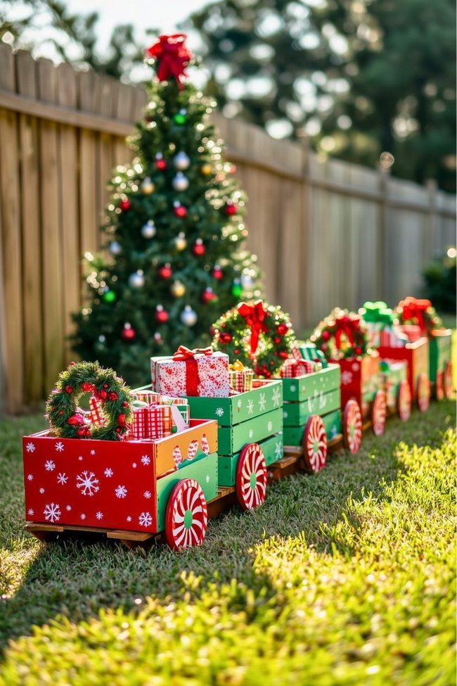 Stacked Oak Crates Holiday Train