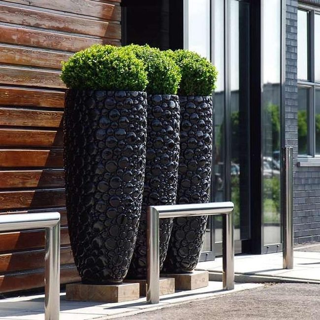 Black Planters, Green Spheres, Modern Entry