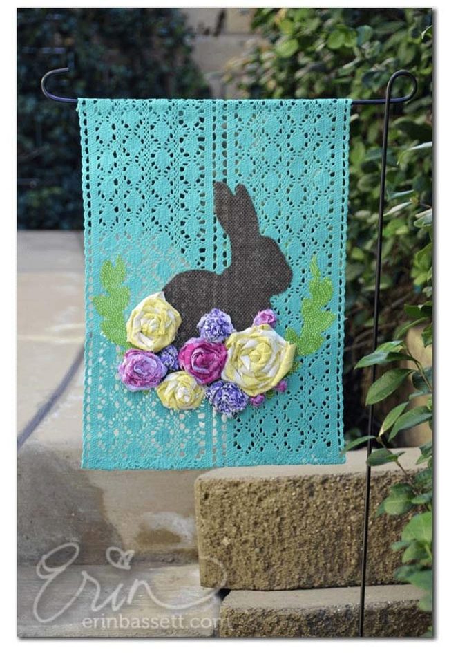 Crocheted Garden Flag With Fabric Flowers
