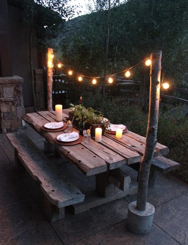 Birch Trunks Edison Bulbs Outdoor Dining