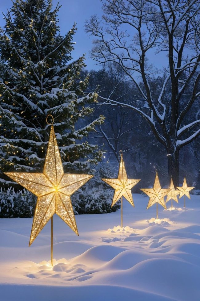 Golden Stars Glow Through Winter Trees