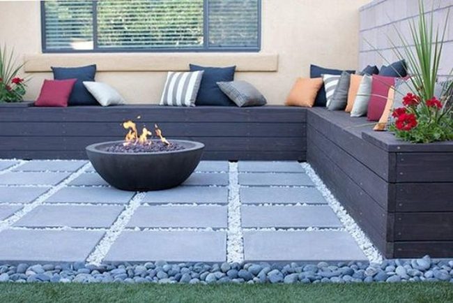Fire Pit With Colorful Cushioned Seating
