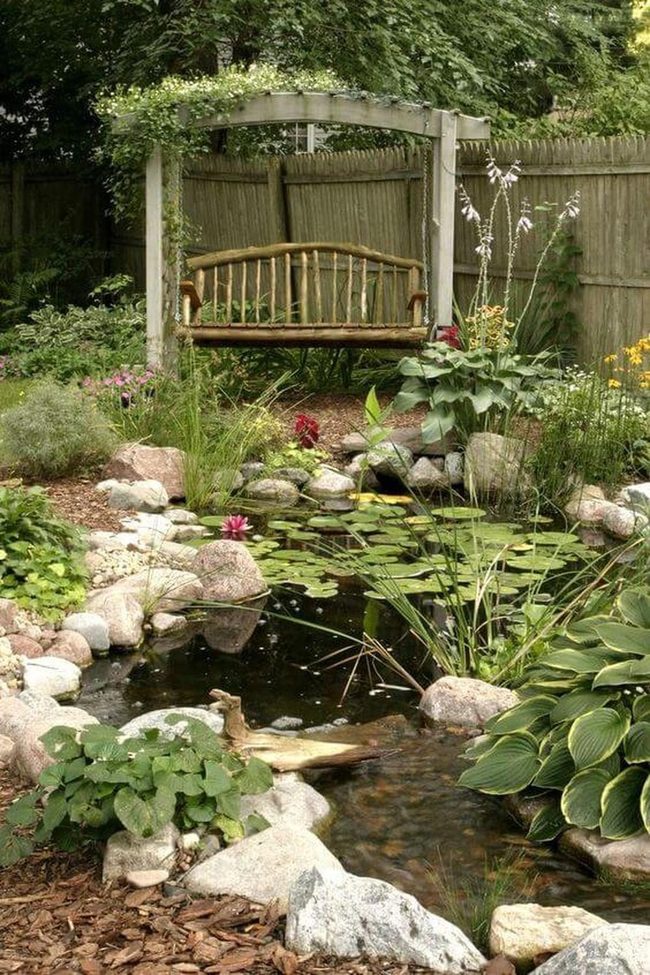 Wooden Swing Garden Pond Paradise