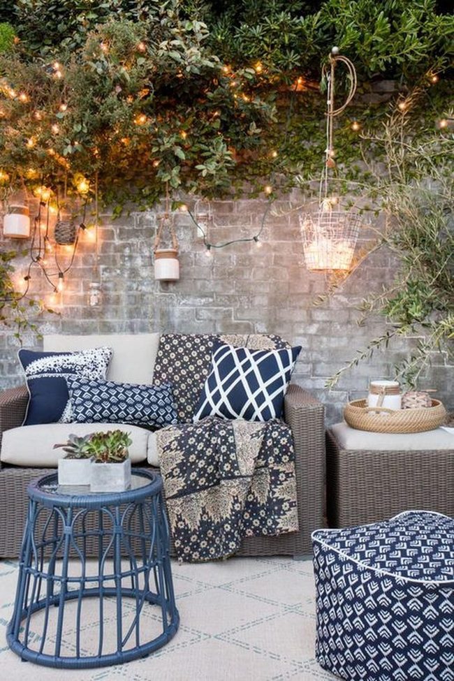 Blue Wicker Seating With String Lights