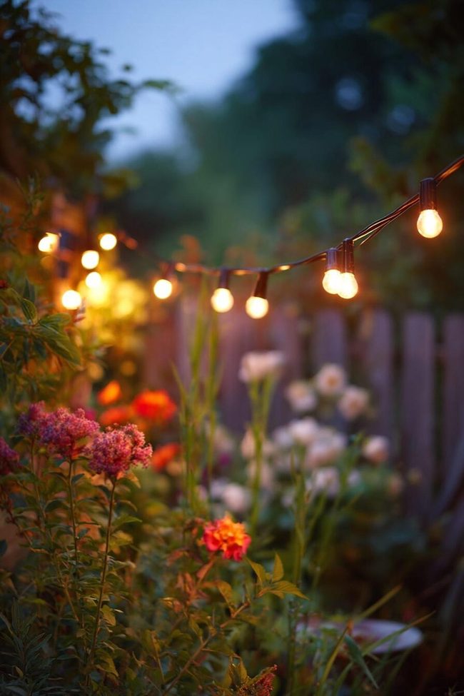 Golden String Lights Through Green Foliage