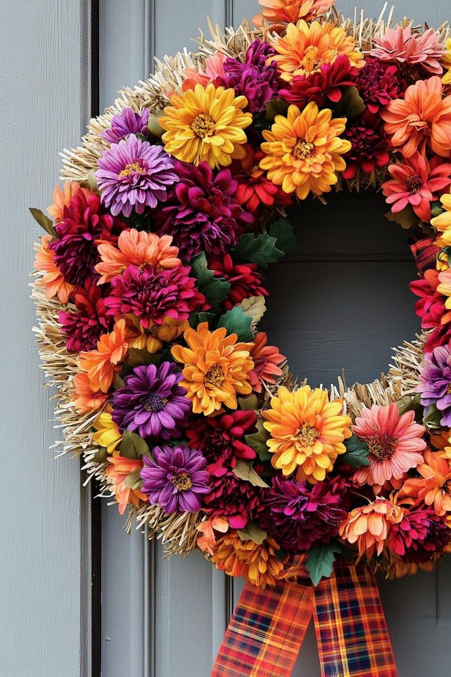 Multicolored Mum Wreath Front Door