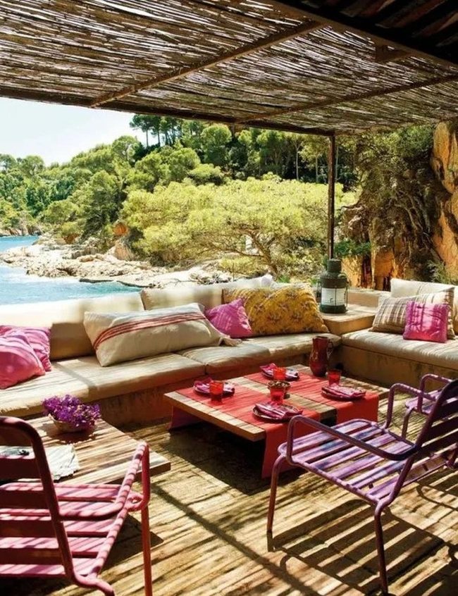Seaside Bamboo Lounge With Colorful Cushions