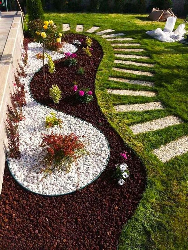 White Pebbles Dark Mulch Garden Paths