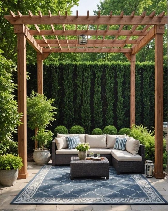 Pergola Shade Reading Corner with Woven Rug