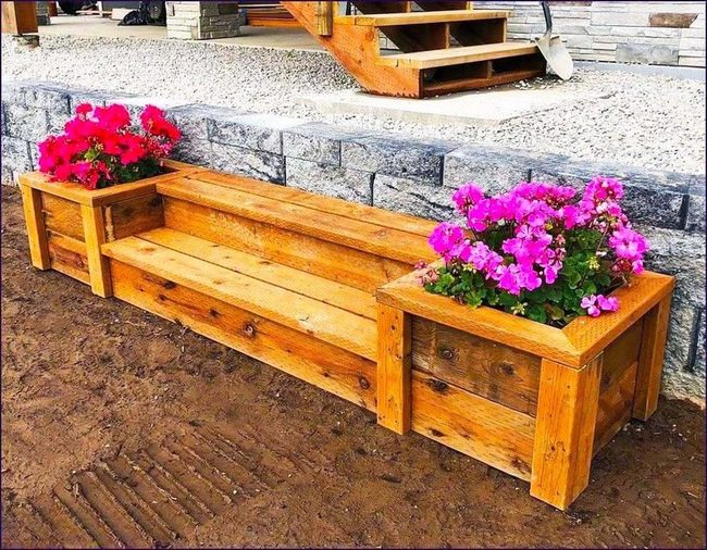 Wooden Bench With Blooming Geraniums