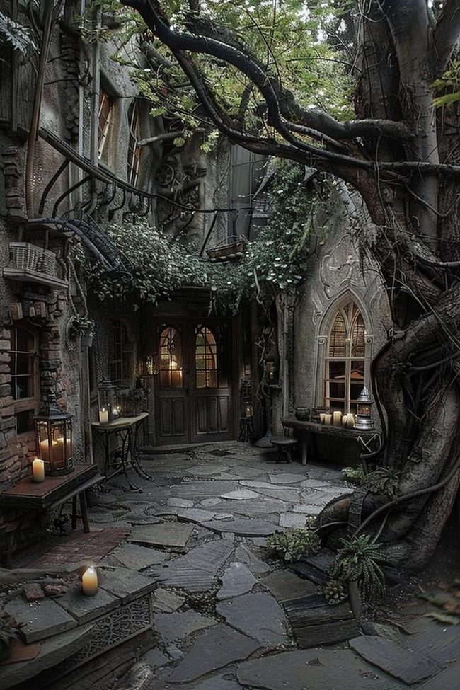 Ancient Stone Courtyard with Candlelit Vines