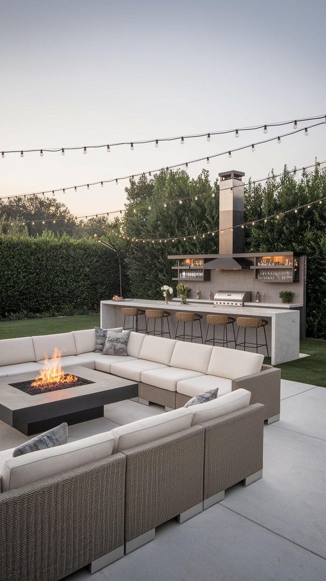 Outdoor Living Space With Fireplace Bar