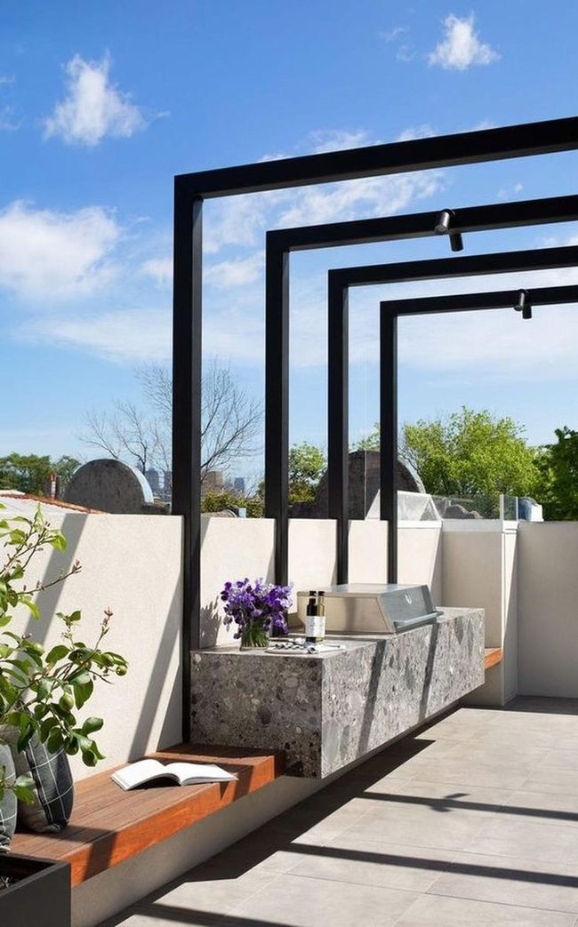 Purple Flowers, Black Frames, Stone Dining