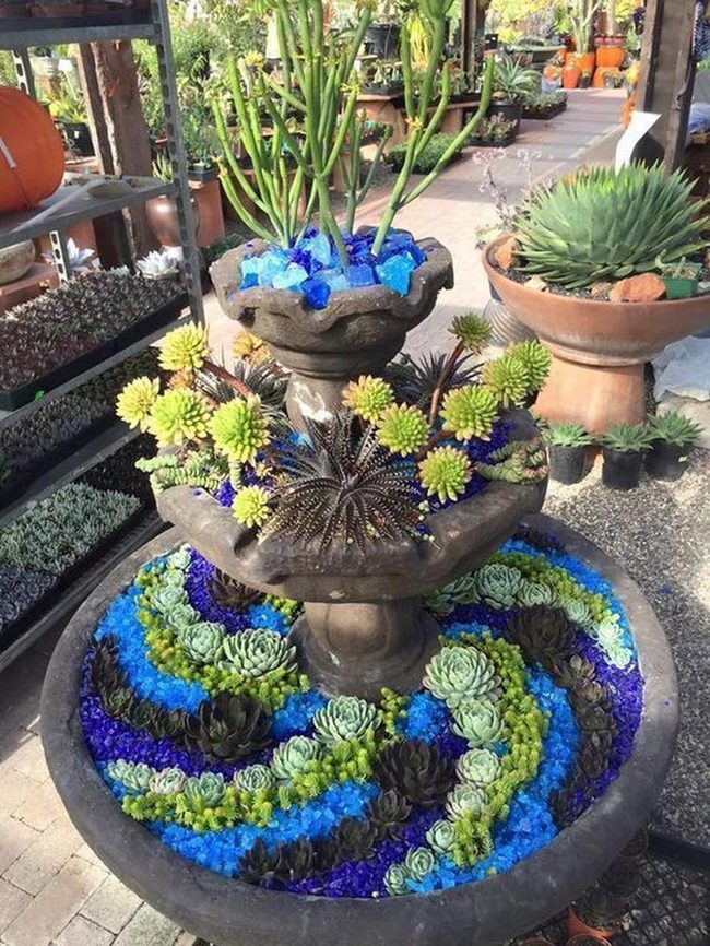 Blue Glass Tiered Fountain Garden